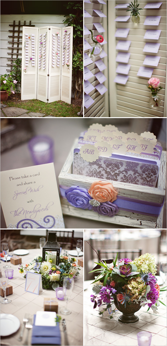 Wedding decor with floral arrangements, seating chart, table setting