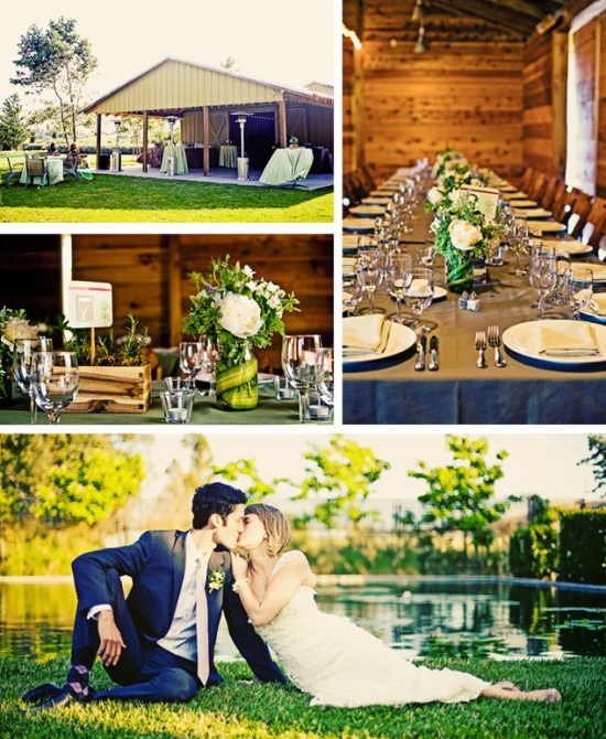 Wedding reception setting with happy couple kissing by the water