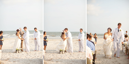 Beach wedding ceremony with couple, kissed and walking together