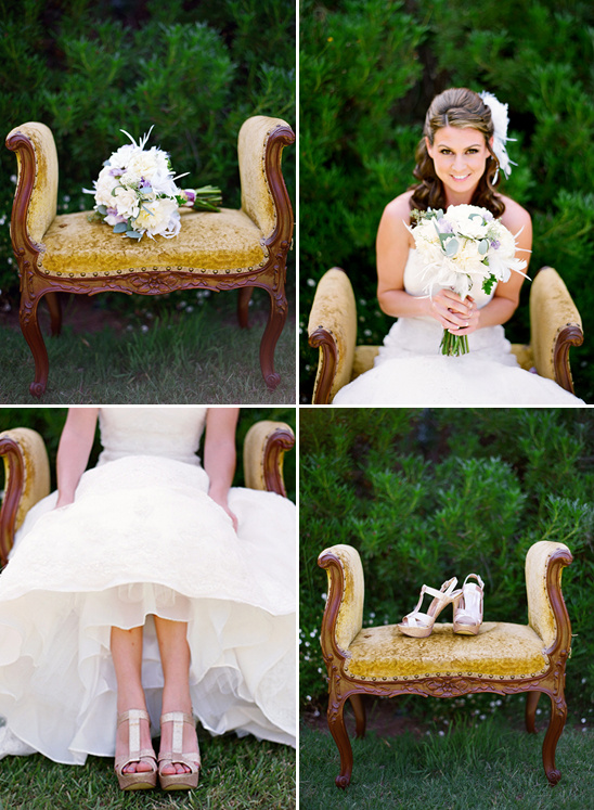 Bride with bouquet sitting on a vintage chair during the wedding
