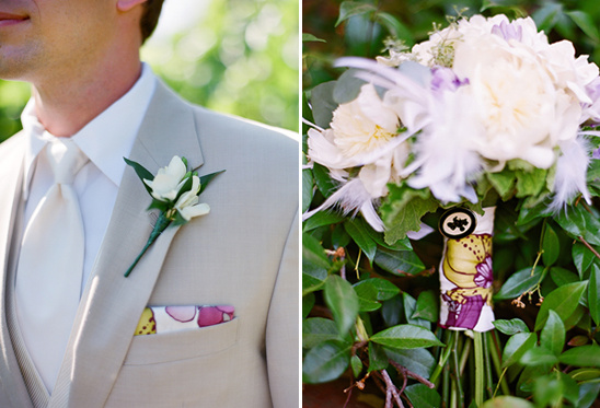 Groom with boutonniere and bridal bouquet with floral and feathers