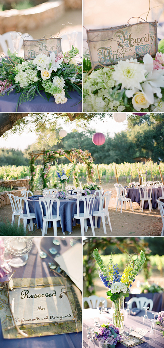 Romantic outdoor wedding setting with table decorations and floral arrangements