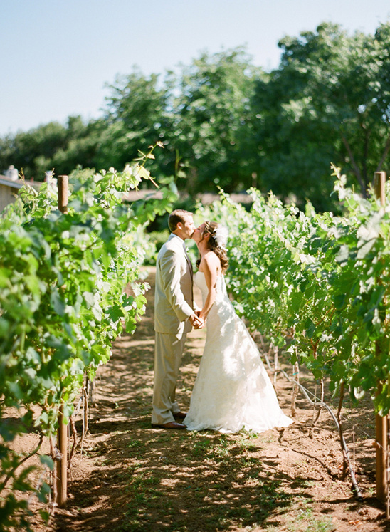 Bride and groom kissing in vineyard on their wedding day