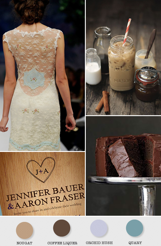 Wedding theme with dress, cake, coffee and color palette