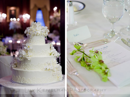 Elegant white wedding cake and table setting details
