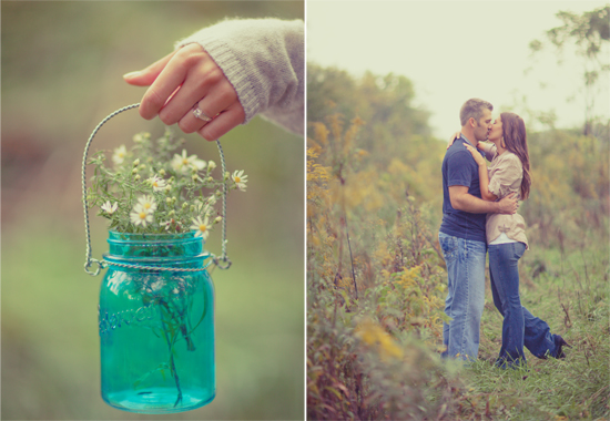 Engagement photo: couple kissing and flowers in a mason jar