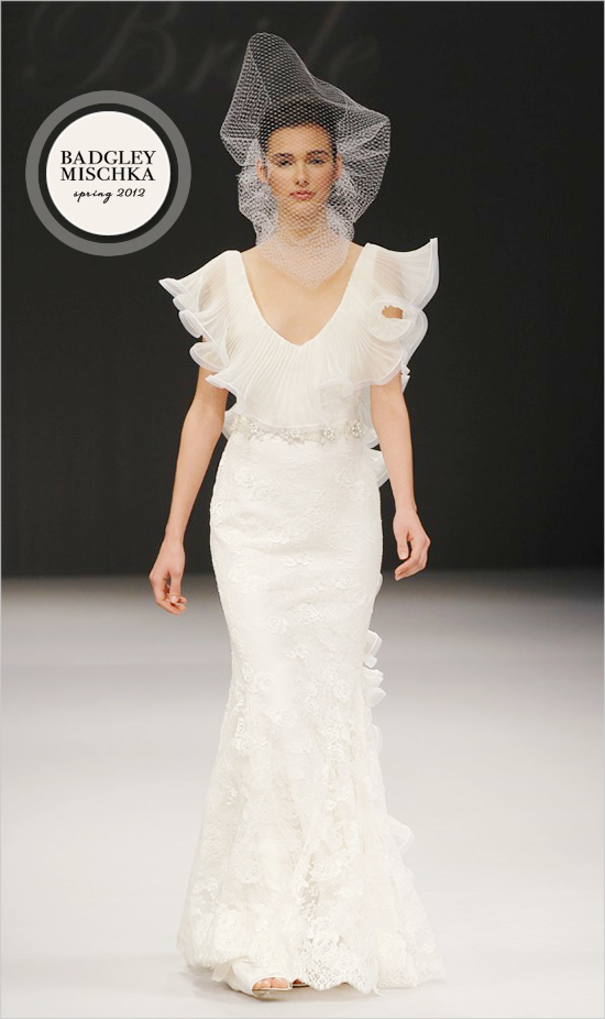 Badgley Mischka bride in floral lace wedding dress