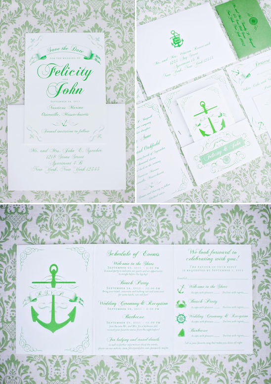 Elegant green nautical wedding invitation suite