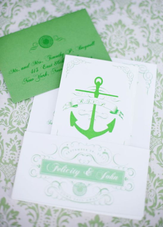 Green anchor wedding invitation with matching envelope