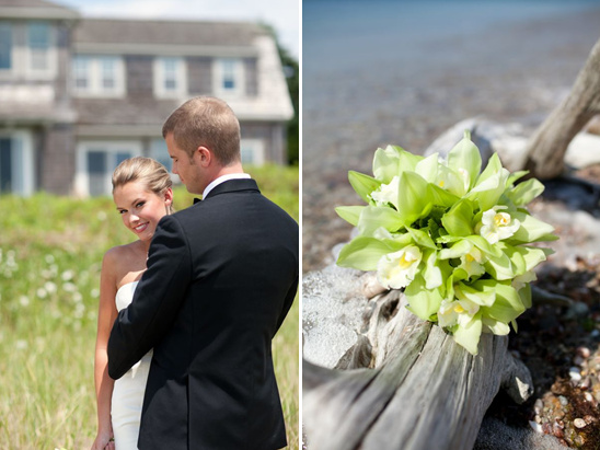Bride and groom smiling at wedding by the sea, with bouquet