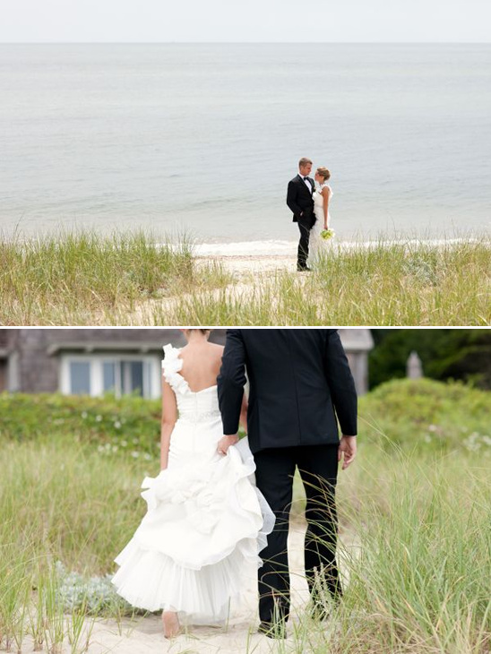 Romantic beach wedding with bride and groom embracing