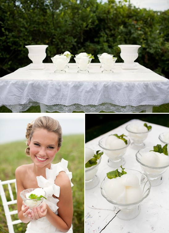 Wedding sorbet treats served on a white table in a sunny setting