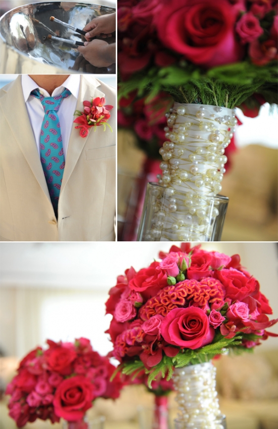 Red wedding bouquet with pearls and details for the groom