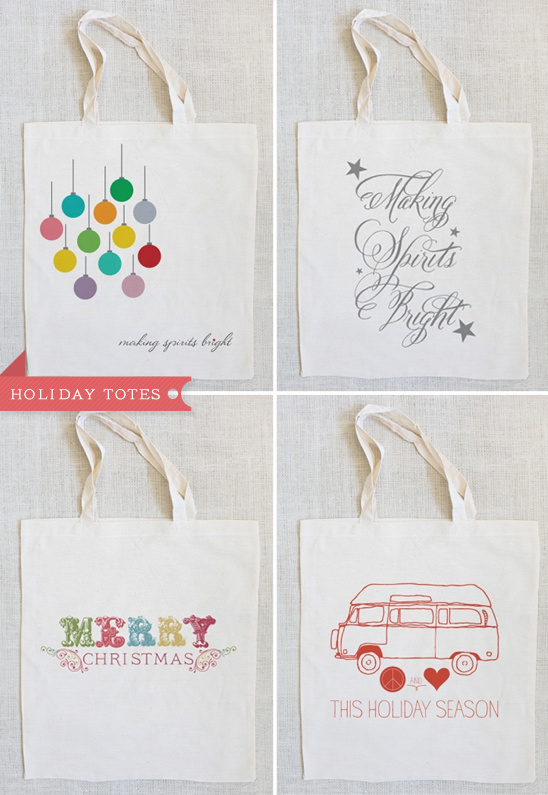 Holiday tote bags with festive Christmas designs