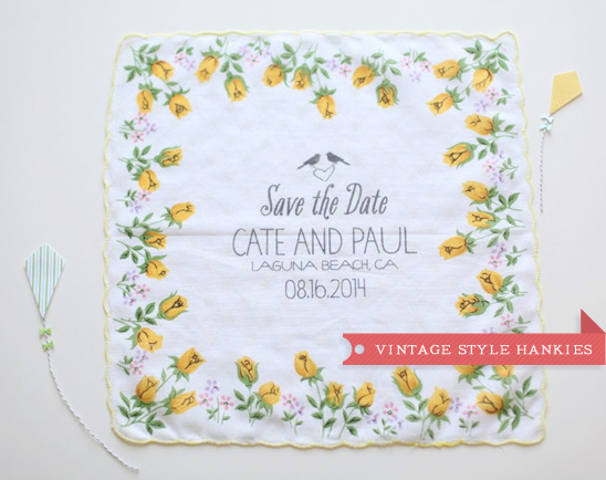 Vintage wedding handkerchief with yellow roses, Save the Date