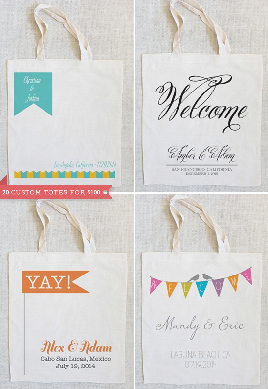 Customizable wedding tote bags with names and dates