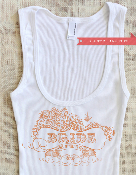 White bride tank top with custom text design for bachelorette party