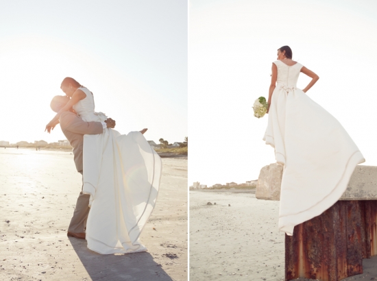 Newlyweds celebrate their love with a kiss on a sunny beach, bride poses