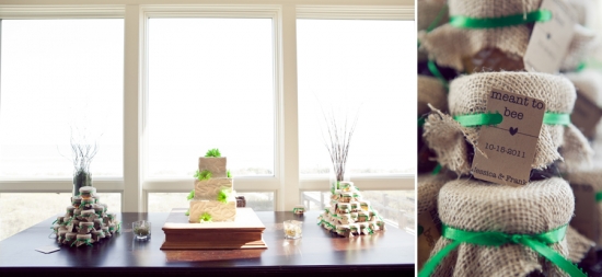 Wedding cake and honey favors with Meant to Bee tags