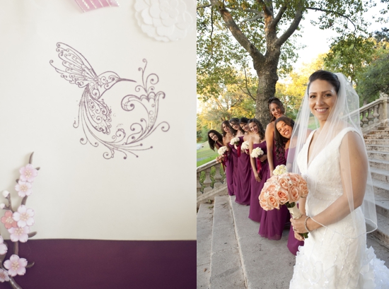 Bride and bridesmaids on wedding day, with a beautiful hummingbird design
