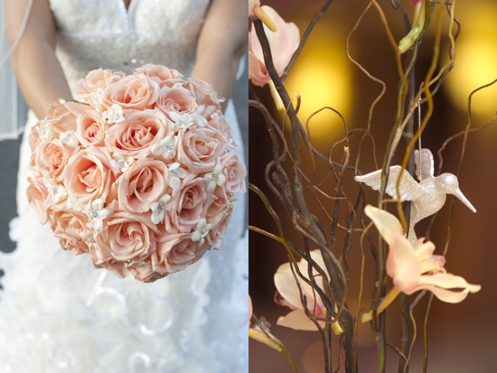 Wedding bouquet of roses with decorative hummingbird and branches