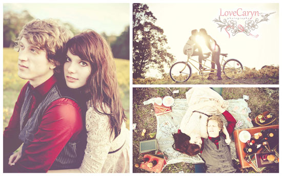 Romantic couple photoshoot with tandem bike and picnic scene