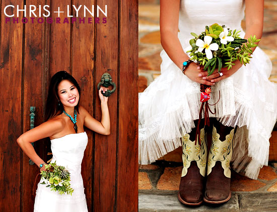 Bride wearing a white dress and cowboy boots holding a bouquet