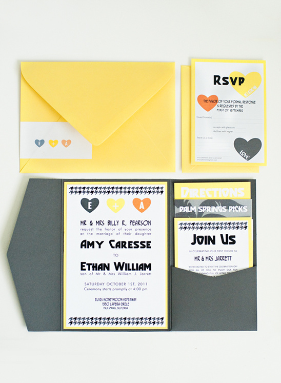 Wedding invitation suite with stylish design, heart details and RSVP card