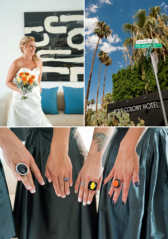 Wedding scene with bride, hotel, and unique bridesmaid rings