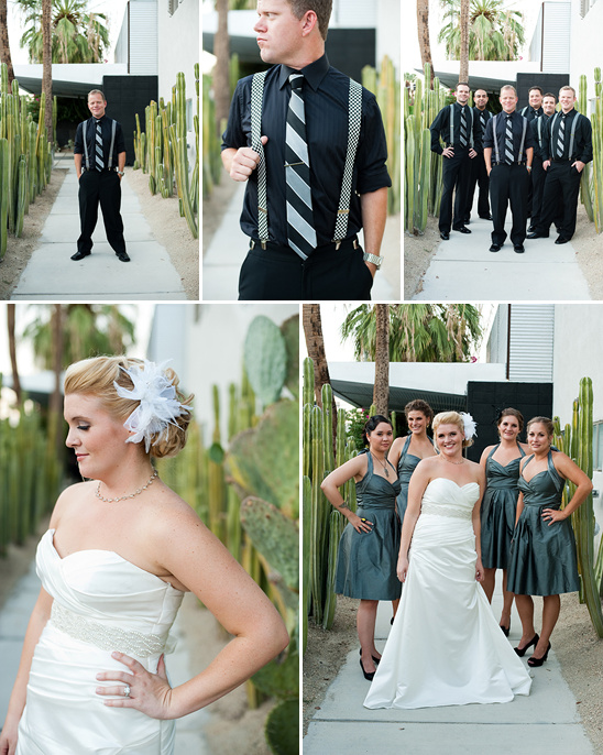 Wedding photos: bride and groom with wedding party in cacti garden