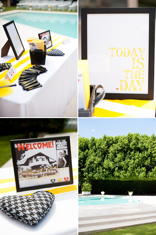 Wedding reception decorations by a pool with yellow accents
