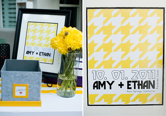 Wedding reception decor with date, names, houndstooth pattern and flowers