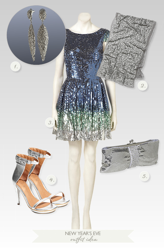 New Years Eve outfit idea featuring a shimmering dress and accessories