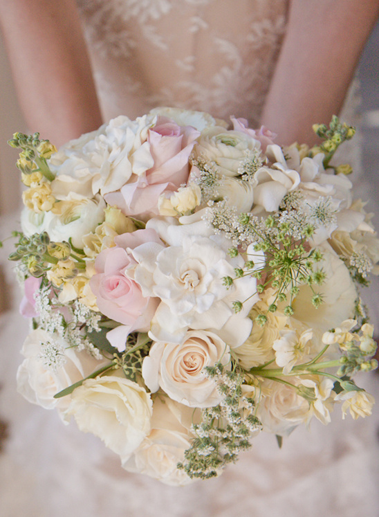 Bridal bouquet of cream and blush roses gardenias