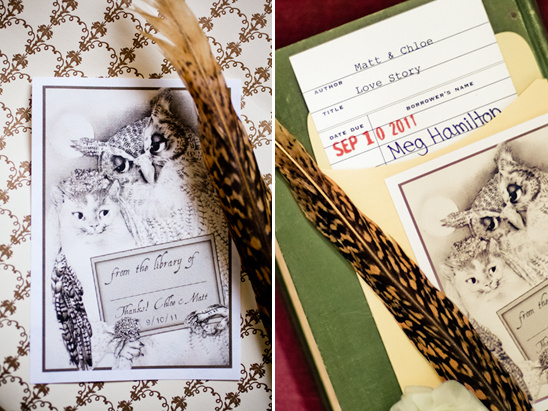 Owl cat sketch wedding thank you note with library card
