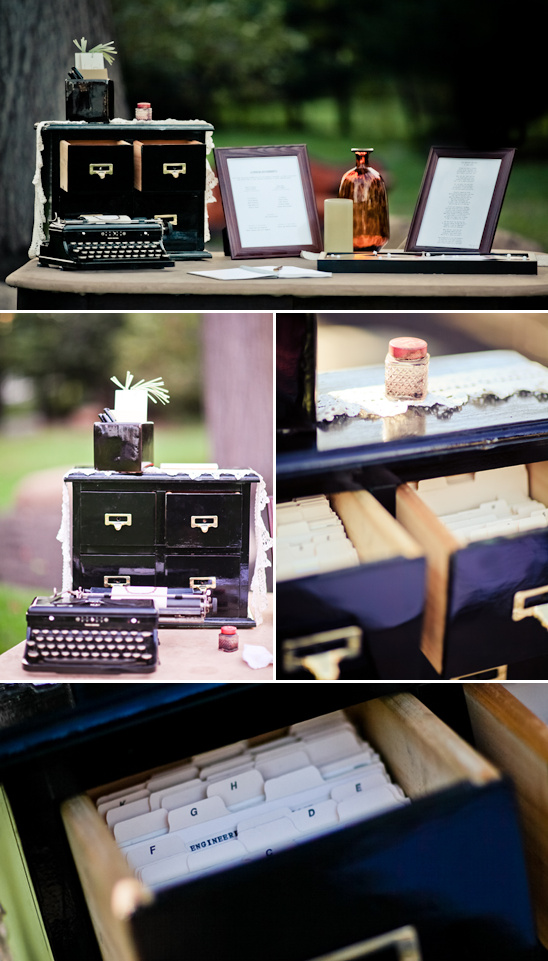 Vintage typewriter and file cabinet wedding reception decor