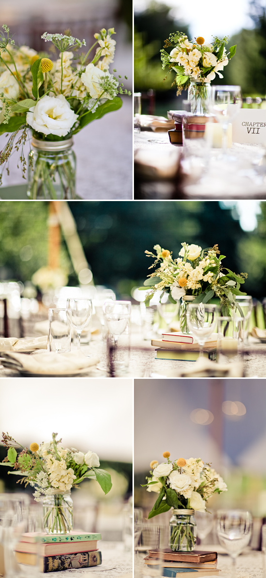 Wedding table decor with floral mason jar centerpieces