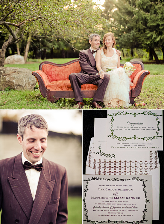 Outdoor wedding portrait of bride and groom on couch