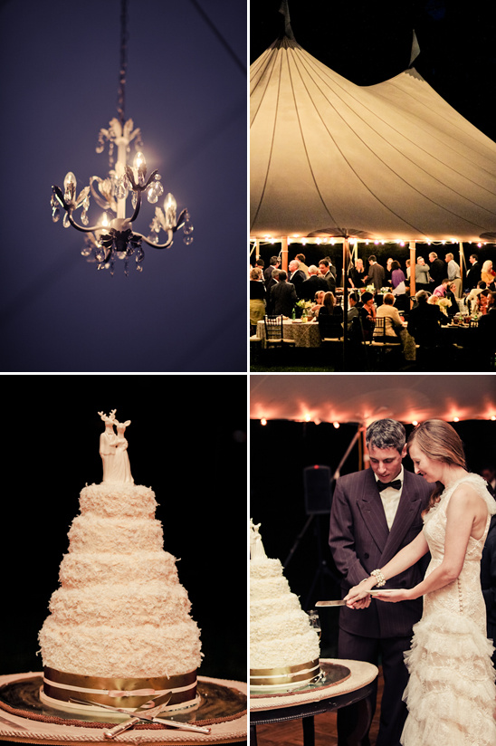 Elegant tent wedding with chandelier and cake cutting