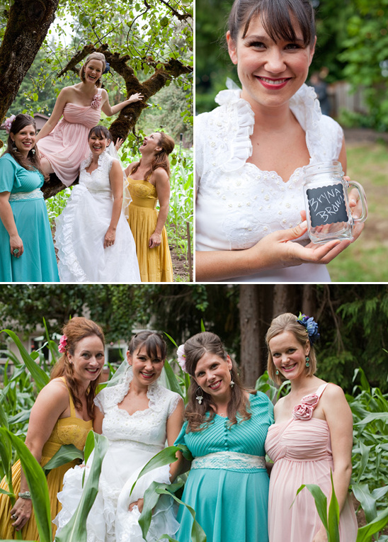 Bride and bridesmaids smiling at outdoor wedding in colorful dresses