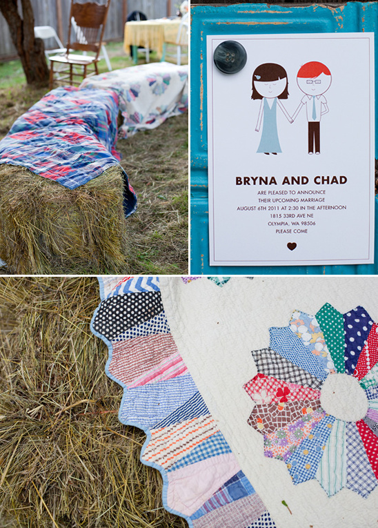Rustic wedding decor with hay bales, quilts and wedding invitation