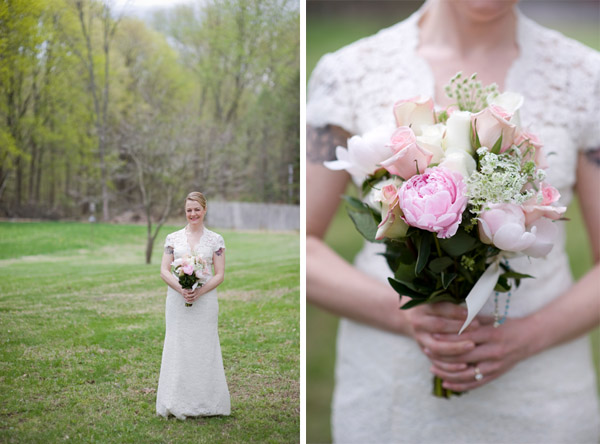 Bride in lace dress holding bouquet in a garden, wedding day