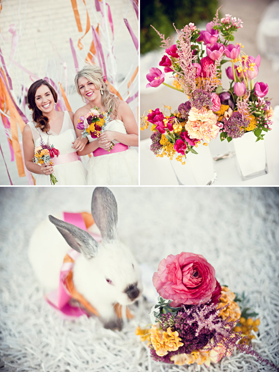 Wedding inspiration with brides bouquets and rabbit with flower