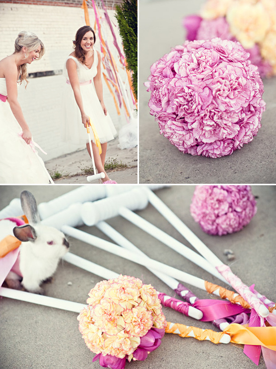 Wedding scene with bridesmaids playing croquet and a rabbit