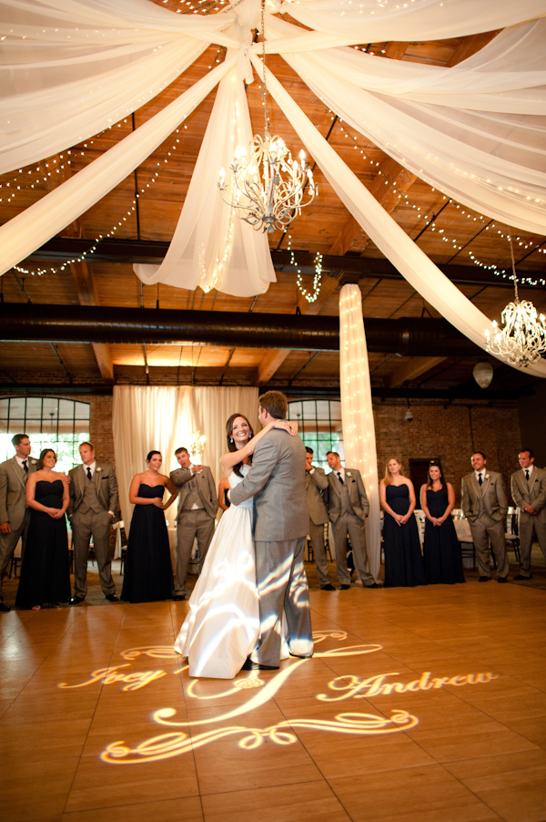 Bride and groom share their first dance at a wedding reception