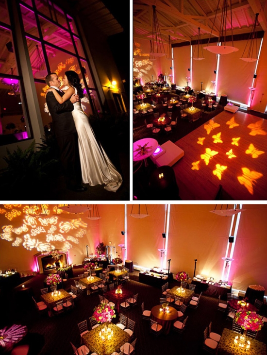 Elegant wedding reception with butterfly light projections and decor
