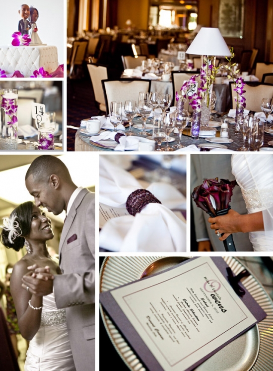 Wedding celebration details with floral table settings and couple