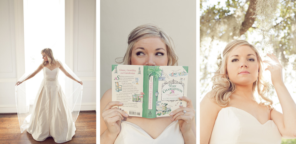 Bride in wedding dress, veil, and book