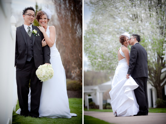 Happy couple on their wedding day smiling and kissing
