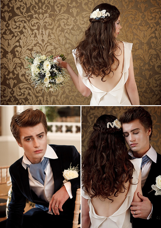 Elegant wedding with bride in open back dress and groom